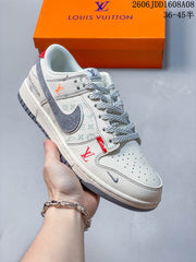 Nike SB Dunk Low LV Print Sneakers in Cream and Gray