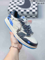 Air Jordan 1 Low OW-Style Sneakers in White, Black and Blue