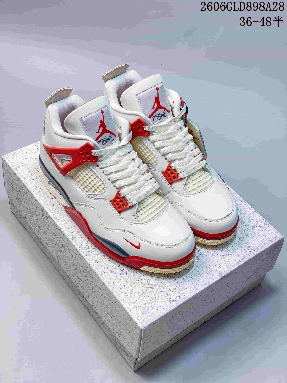Jordan 4 Retro Mid Sneakers in White, Red and Grey