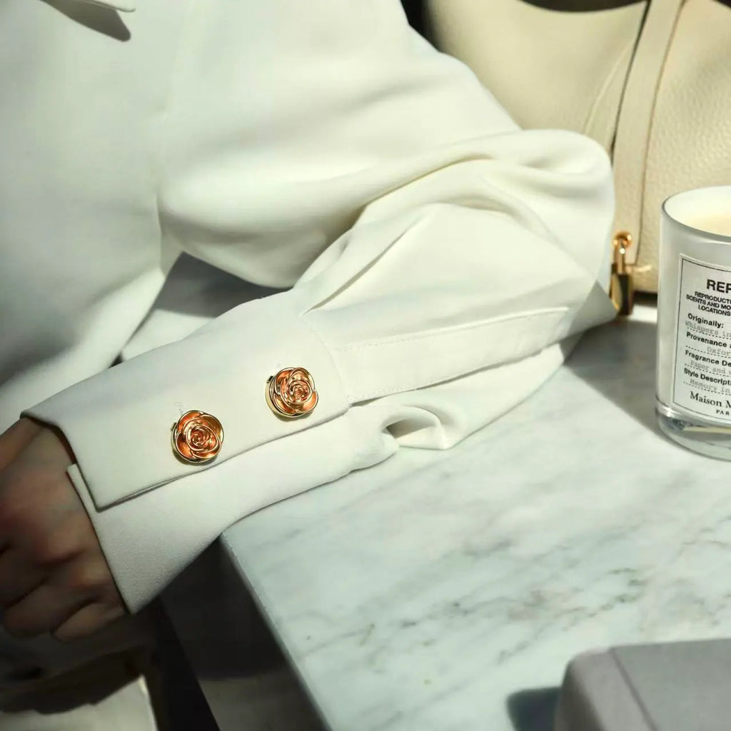 Versailles Rose Button Cover Set – 14K Gold Vintage Metalwork 3D Petal Art