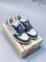 Jordan 1 Low Travis Scott Stüssy-Style Sneakers, White and Navy
