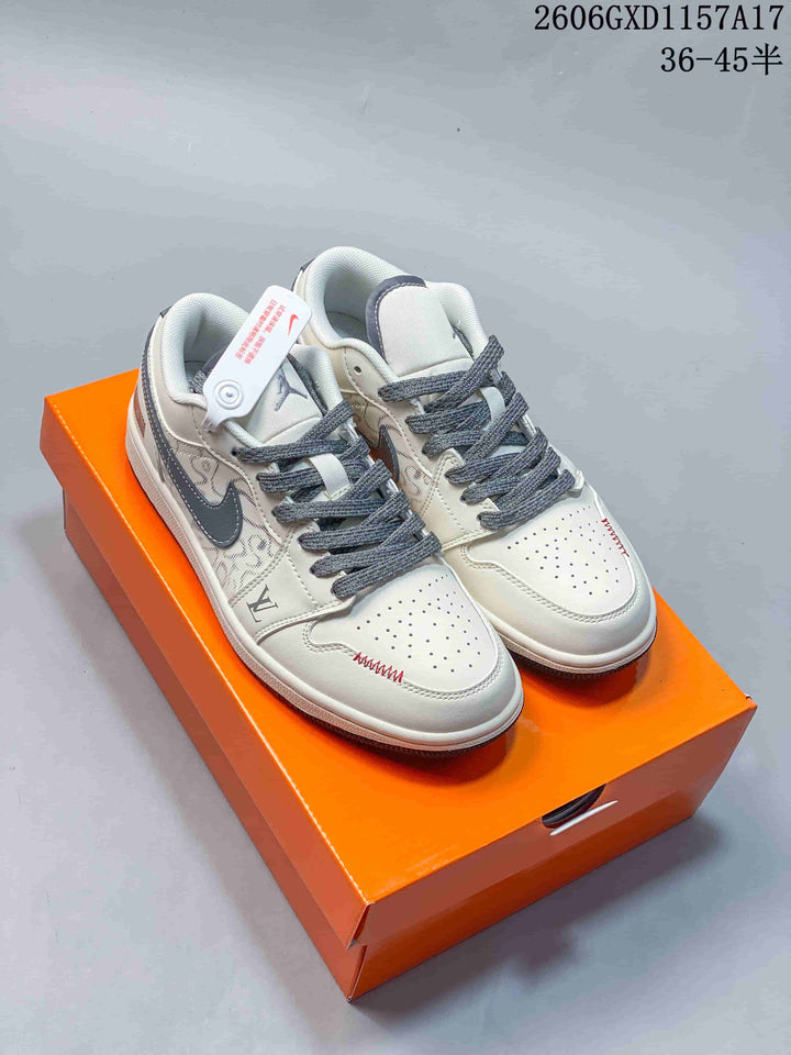 Jordan 1 Low Cream Grey Monogram Print Sneakers