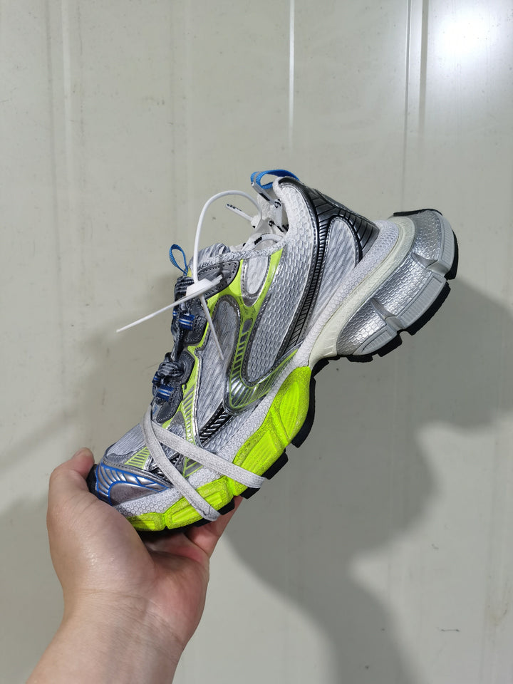 9074 Low-Top Sneakers in Silver, White and Neon Green